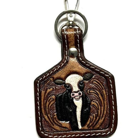 Western Black White Cow Tooled Leather Cattle Tag Key Chain Bag Charm - Picture 1 of 2